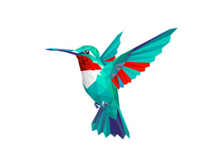 A vibrant, low-poly hummingbird with teal wings and a red throat hovers mid-air against a white background.