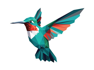 A stylized, geometric hummingbird in flight, rendered in vibrant shades of teal, red, and orange, with sharp, angular facets.