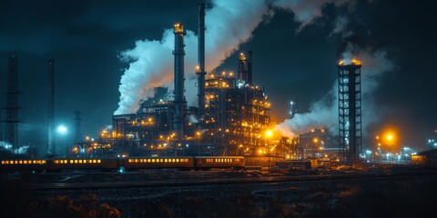 Gold smelter emitting smoke and steam at night with train passing by