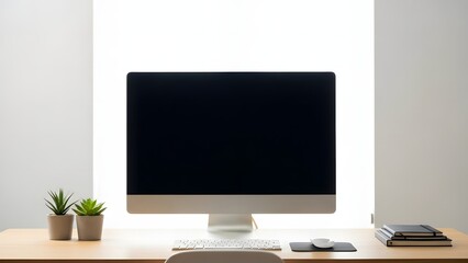 Fototapeta premium Minimalist desktop setup featuring a modern all-in-one computer, keyboard, mouse, and small potted plants on a wooden desk against a white backdrop