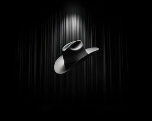 Black Cowboy Hat Centered On Stage With Spotlight And Dark Curtains Background