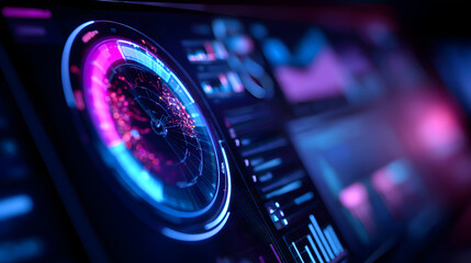 Digital Interface Display: An immersive perspective of cutting-edge technology, with an array of vibrant screens displaying intricate data visualizations.