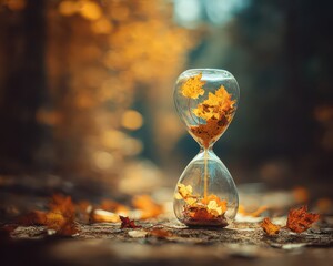 Autumn Leaves Flow Through Hourglass Symbolizing Passage Of Time Outdoors In Golden Light