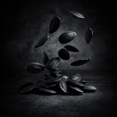 Black Sunflower Seeds Scattered on Dark Surface with Dramatic Lighting