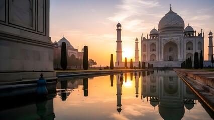 Naklejka premium Majestic Taj Mahal at sunrise, bathed in soft golden light, its iconic architecture beautifully reflected in the serene water, creating a breathtaking and picturesque scene