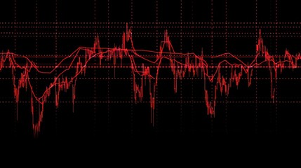 Red chart candle stick stock market crash crisis decrease inflation black screen display.