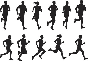 Running people silhouette collection with male female joggers fitness exercise motion sport vector illustration