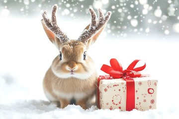 Cute Christmas bunny sporting reindeer horns and holding gifts on snow