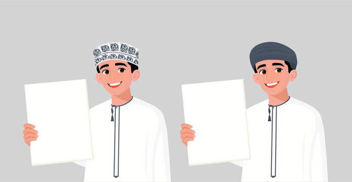 Arabic boys in traditional Omani clothing holding blank signs