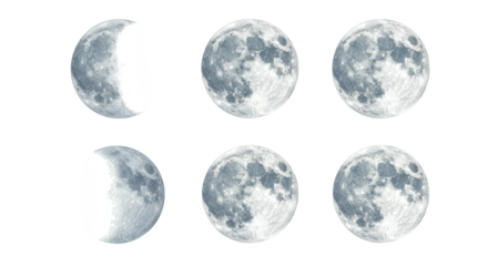 Six hand-drawn watercolor moons, varying lunar phases, soft white, cool grey, pale blue hues, intricate textures, on a transparent background with copy space, concept of lunar tranquility