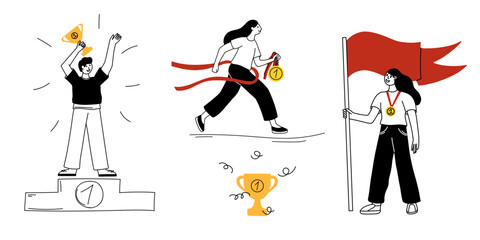 Winner people doodle. Award ceremony. Women and men with golden prize. Happy young characters businessmen with medals. Victory trophy. Successful team with goblet. Vector cartoon isolated illustration