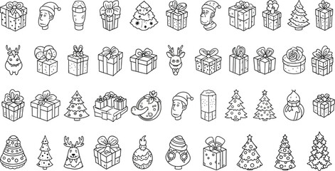 Massive collection of intricate outline Christmas icons, showcasing numerous gift boxes, festive trees, Santa Claus, and diverse holiday decorations.