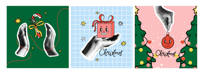 Christmas card set. Halftone collage hand hold gift, xmas symbol. Winter holidays banner vintage design. Retro newspaper pop art. Arm gesture. Social media post. Vector isolated colorful illustration