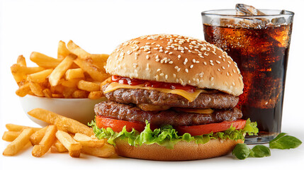 Delicious burger with fries and drink on a table