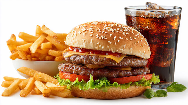 Delicious burger with fries and drink on a table