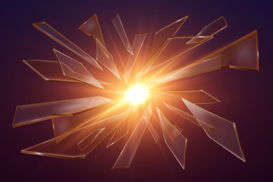 Dynamic glass shatter effect with glowing particles and light rays.