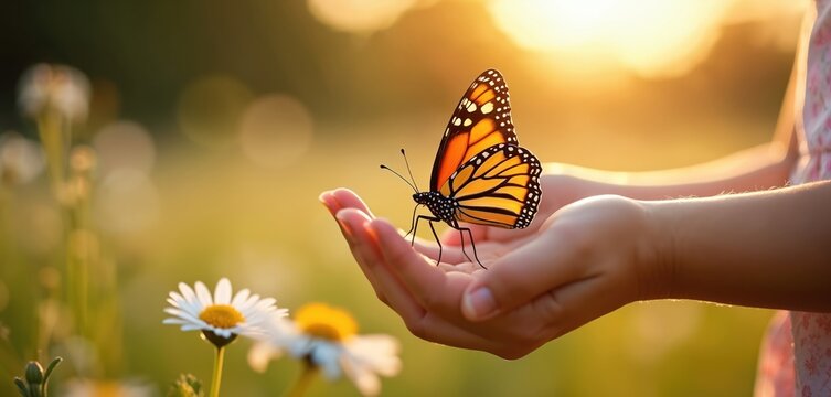 Close up of childs hands gently holding monarch butterfly in sunny flower meadow. Closeup macro view of insect life. Person cares for nature.