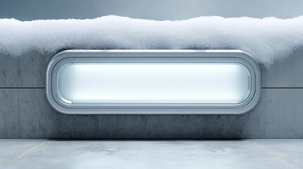 Futuristic illuminated window embedded in a concrete wall covered with snow