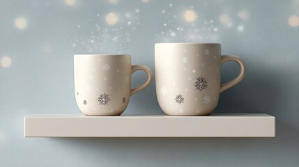 Cozy winter mugs with snowflake designs sit on a shelf with soft bokeh lights