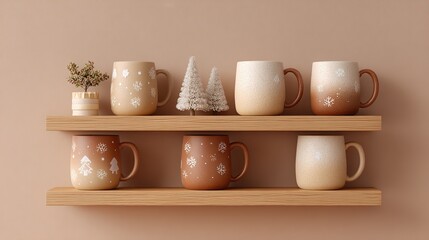 Cozy ceramic mugs with winter holiday designs displayed on wooden shelves
