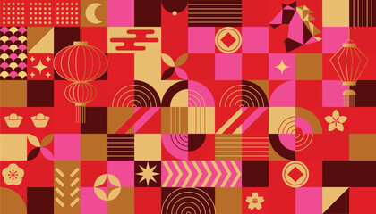 Happy Chinese New Year 2026 Year of the Horse vector geometric illustration with red gold and orange shapes. Modern festive design for greeting card poster banner packaging and background. © TWINS DESIGN STUDIO