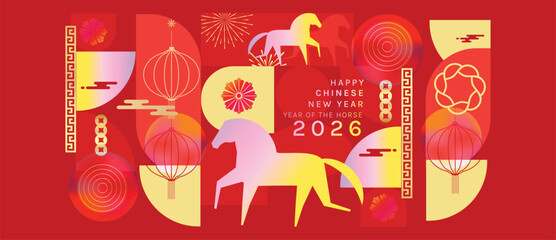 Happy Chinese New Year 2026 Year of the Horse vector geometric illustration with red and gold lantern elements. Modern festive design for greeting cards posters banners packaging and backgrounds. © TWINS DESIGN STUDIO