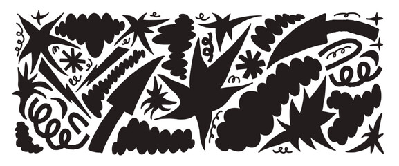 Geometric and organic figures silhouettes. Y2K paper collage with stars, arrows, clouds, and doodles. Black graphic illustration. Vector hand drawn set isolated on white background.