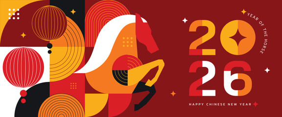 Fototapeta premium Happy Chinese New Year 2026 Year of the Horse vector geometric illustration with red and gold lantern elements. Modern festive design for greeting cards posters banners packaging and backgrounds.