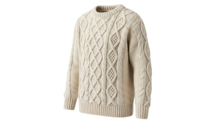 Isolated Aran sweater in beige knitwear, front facing, casual, comfortable, fashion apparel