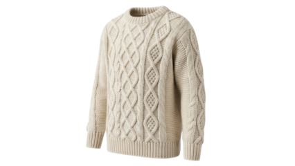 Isolated Aran sweater in beige knitwear, front facing, casual, comfortable, fashion apparel