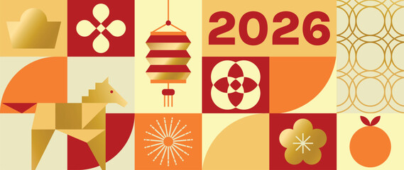 Happy Chinese New Year 2026 Year of the Horse vector geometric illustration with red gold and orange shapes. Modern festive design for greeting card poster banner packaging and background. © TWINS DESIGN STUDIO