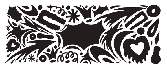 Bang callout background. Geometric and organic figures silhouettes. Y2K paper collage with stars, arrows, heart, and doodles. Black graphic illustration. Vector hand drawn set isolated no background.
