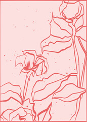 Flower minimal posters. Hand drawn line flowers and branches with leaves. Herbal and meadow plants, rose modern wall art composition floral decor, pink cute colors. Vector botanical illustration