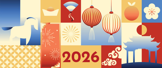 Happy Chinese New Year 2026 Year of the Horse vector geometric illustration with red gold and orange shapes. Modern festive design for greeting card poster banner packaging and background.