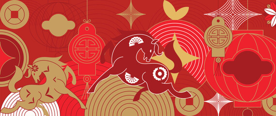 Obraz na płótnie Canvas Happy Chinese New Year 2026 Year of the Horse vector illustration with red and gold zodiac horses lantern icons and lucky symbols. Design for greeting cards banners posters packaging and backgrounds.