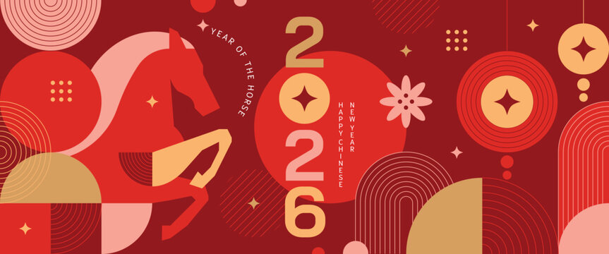 Happy Chinese New Year 2026 Year of the Horse vector geometric illustration with red and gold lantern elements. Modern festive design for greeting cards posters banners packaging and backgrounds.