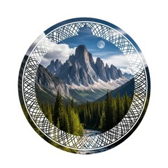 Odle Mountains Scenery Framed in Circle Against Blue Sky With Moon