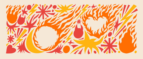 Fire flames, burned heart frames doodles composition. Scribble flames icons paper cutout pattern set. Bonfire warm colors stickers. Simple shapes vector naive element isolates on beige background.