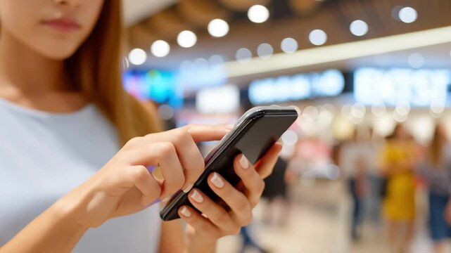 Closeup of female hands holding a smartphone in a shopping mall, finger taps and swipes through app screens as colorful bokeh lights drift behind, showing mobile browsing and payment.