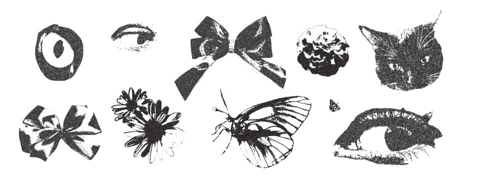 Photocopy vintage bow, flowers, cat. Ribbon, eyes dadaism threshold collage effect. Dotted stippling black grunge elements. Vector y2k gritty retro floral, punk shapes isolated no background.