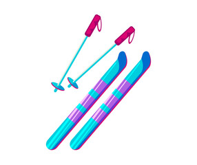 Colorful neon cartoon skis and poles for winter sports and outdoor recreation