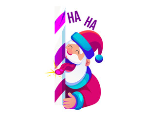 Santa Claus laughing and sticking his tongue out at a candy cane
