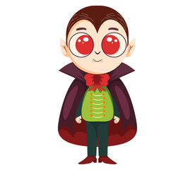 Charming cartoon vampire child in green vest and red cape, friendly Halloween character for stock use