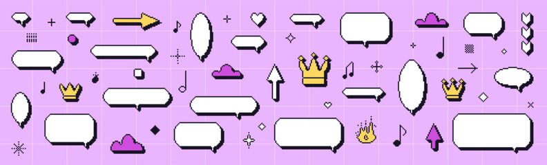 Pixel y2k speech bubbles set. Pixelated dialogue boxes. 8 bit callouts clouds. Game pixel art chat text boxes with crown, music note, arrows. Vector talk frames balloons messages isolated on grid bg. © Syuzann q