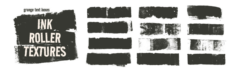 Set of black roller rough ink textures. Charcoal or paint brush strokes. Rectangle grunge text boxes. Wide brush stroke streaks set. Quotation boxes grange textures. Vector ink rolled border elements.