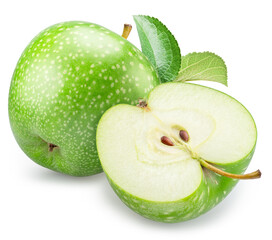 Ripe green apple and apple half on white background. File contains clipping paths.