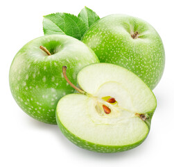 Ripe green apples and half of apple on white background. File contains clipping paths.