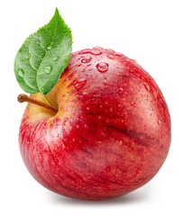 Naklejka premium Ripe red apple with green leaf covered with water drops on white background. File contains clipping path.
