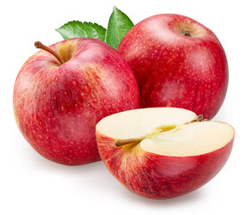 Two red apples and half of apple on white background. File contains clipping paths.