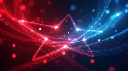 Neon star red light blue light glowing lines particle trail abstract background motion swirl bokeh futuristic energy